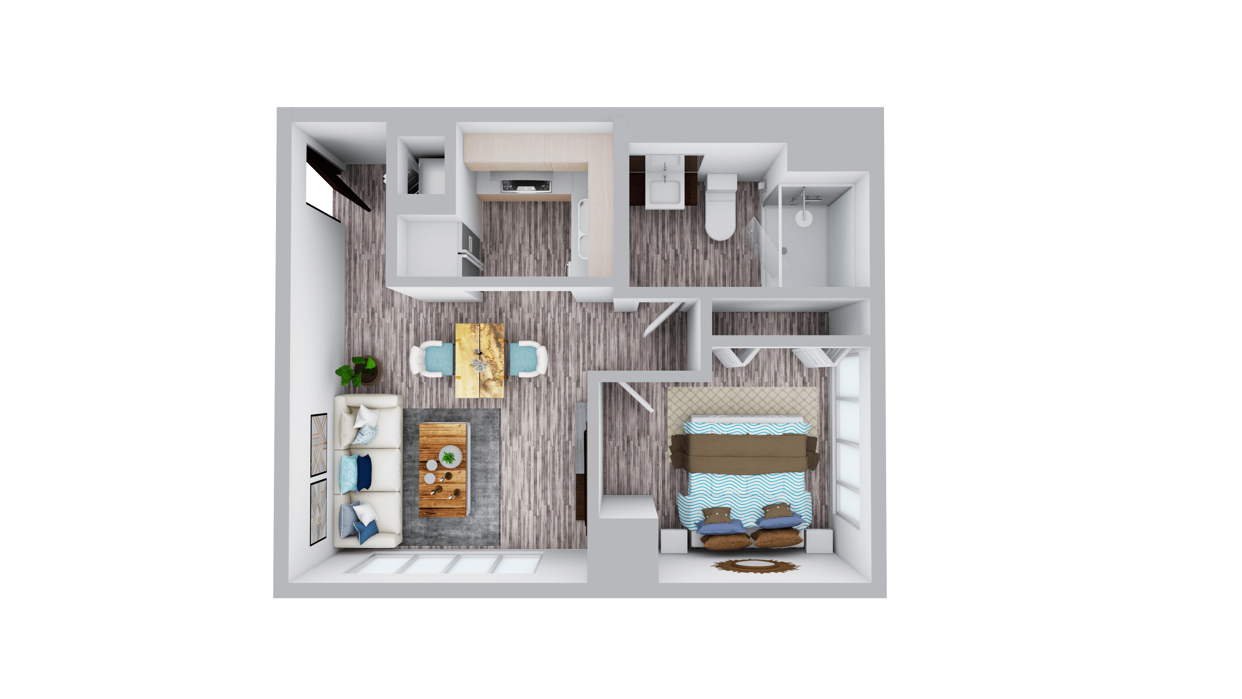 Floor plan for 1 bed, 1 bath, 614 sqft